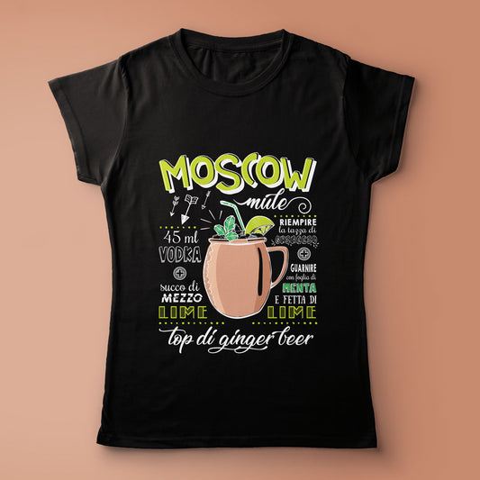 T-shirt nera da donna con ricetta del famoso cocktail Moscow Mule