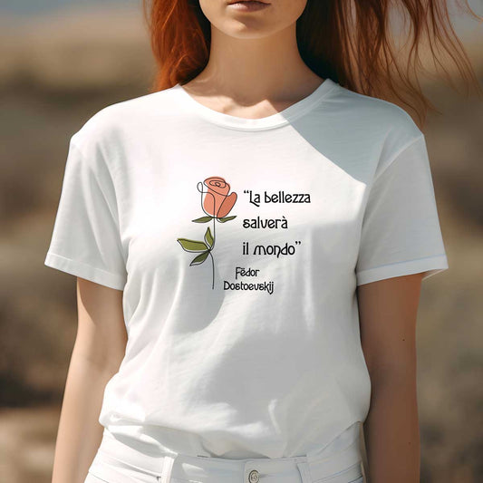 maglietta bianca da donna con scritta e fiore