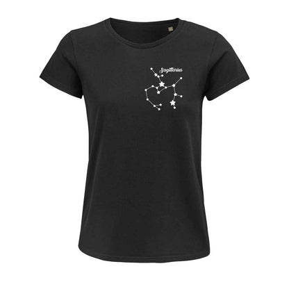 maglietta nera da donna con segno del sagittario