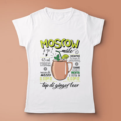 T-shirt bianca da donna con ricetta del famoso cocktail Moscow Mule