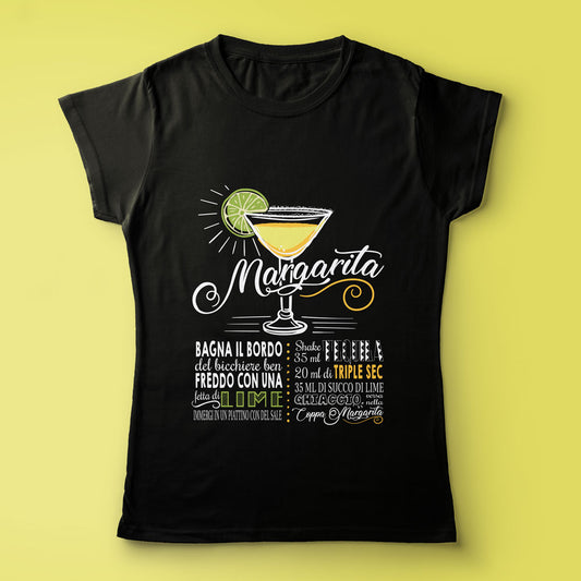 T-shirt nera da donna con ricetta del famoso cocktail Margarita