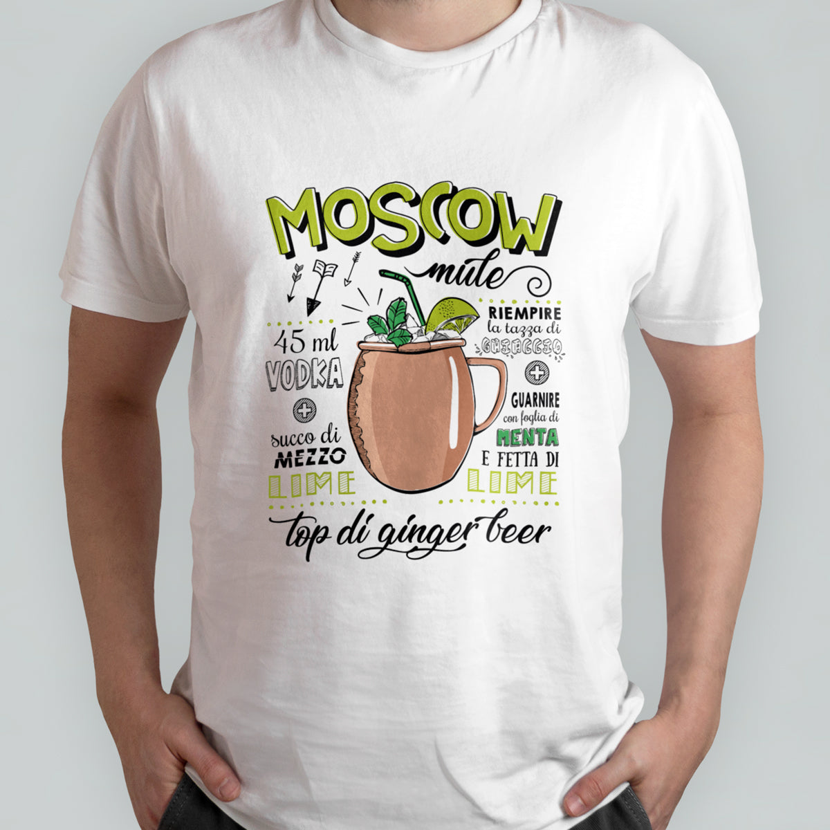 T-shirt bianca da uomo con ricetta del famoso cocktail Moscow Mule