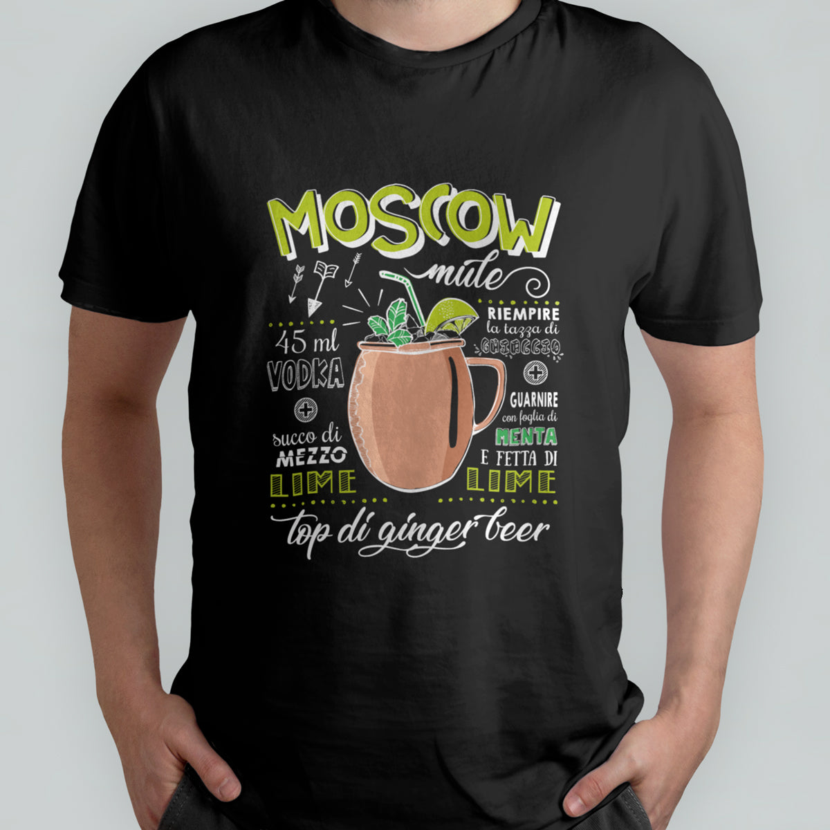 T-shirt nera da uomo con ricetta del famoso cocktail Moscow Mule